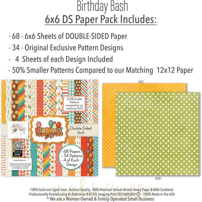 Birthday Bash 6x6 Double-Sided Paper Pack, 6x6 paper pack cover and includes preview, showing 6x6 scrapbook paper for handmade cards, mini albums, junk journals, paper layering, small-scale layouts, and coordinated paper crafts. Buyer theme: Birthday 6x6 Paper for Cards & Mini Albums. Birthday Bash 6x6 Double-Sided Paper Pack with scaled birthday patterns for cards, mini albums, journals and smaller celebration projects