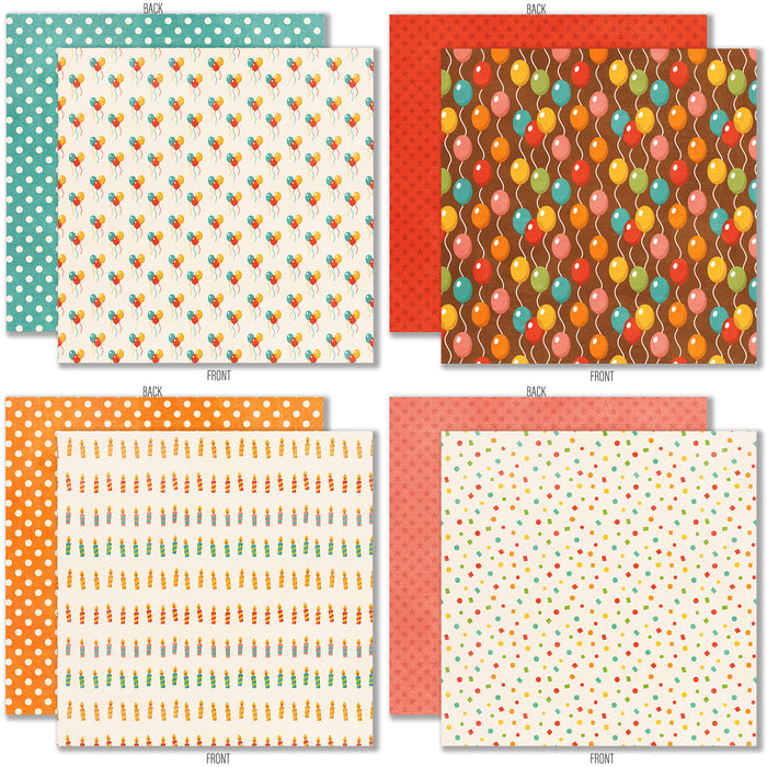 Birthday Bash 6x6 Double-Sided Paper Pack, 6x6 double-sided paper pack paper patterns 1 through 8 preview, showing 6x6 scrapbook paper for handmade cards, mini albums, junk journals, paper layering, small-scale layouts, and coordinated paper crafts. Buyer theme: Birthday 6x6 Paper for Cards & Mini Albums. Birthday Bash 6x6 Double-Sided Paper Pack with scaled birthday patterns for cards, mini albums, journals and smaller celebration projects
