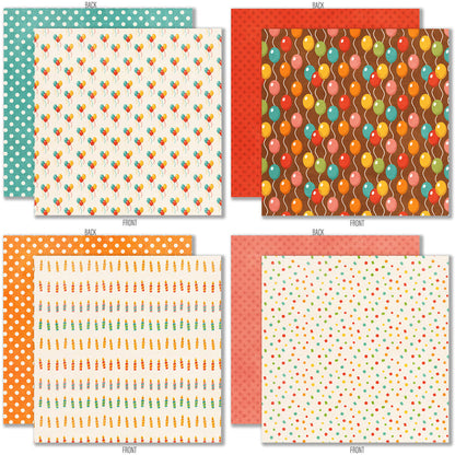 Birthday Bash 6x6 Double-Sided Paper Pack, 6x6 double-sided paper pack paper patterns 1 through 8 preview, showing 6x6 scrapbook paper for handmade cards, mini albums, junk journals, paper layering, small-scale layouts, and coordinated paper crafts. Buyer theme: Birthday 6x6 Paper for Cards & Mini Albums. Birthday Bash 6x6 Double-Sided Paper Pack with scaled birthday patterns for cards, mini albums, journals and smaller celebration projects