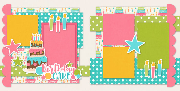 Two-page Birthday Cake Pink scrapbook layout featuring pink teal green and yellow palette, birthday cake patterned paper, white polka dot papers, scalloped pink borders, layered birthday cake, colorful birthday candles, pink teal and green stars, birthday cake title phrase. Designed for Birthday Memories, Birthday Scrapbook Page Kit, bright photo mats, two page celebration layout, cake and candle embellishments, playful birthday party theme.