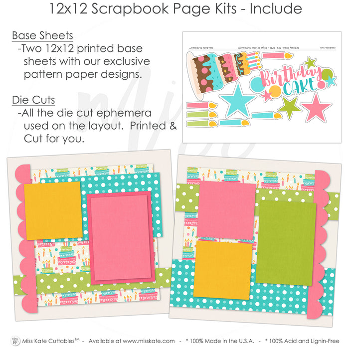 Detailed Birthday Cake Pink scrapbook design featuring scalloped pink borders, layered birthday cake, colorful birthday candles, pink teal and green stars, birthday cake title phrase, bright photo mats, two page celebration layout, cake and candle embellishments. Designed for Girls Birthday Scrapbook Pages, Colorful Birthday Photo Layout, playful birthday party theme, pink teal green and yellow palette, birthday cake patterned paper, white polka dot papers.