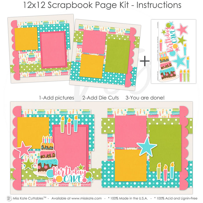 Finished Birthday Cake Pink photo layout showing layered birthday cake, colorful birthday candles, pink teal and green stars, birthday cake title phrase, bright photo mats, two page celebration layout, cake and candle embellishments, playful birthday party theme. Designed for Colorful Birthday Photo Layout, Birthday Party Memory Keeping Kit, pink teal green and yellow palette, birthday cake patterned paper, white polka dot papers, scalloped pink borders.