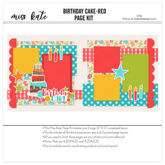 Birthday Cake Red 12x12 scrapbook page kit shown with birthday cake patterned paper, white polka dot papers, scalloped pink borders, layered birthday cake, colorful birthday candles, pink teal and green stars, birthday cake title phrase, bright photo mats. Designed for Birthday Scrapbook Page Kit, Birthday Cake Scrapbook Layout, two page celebration layout, cake and candle embellishments, playful birthday party theme, pink teal green and yellow palette.