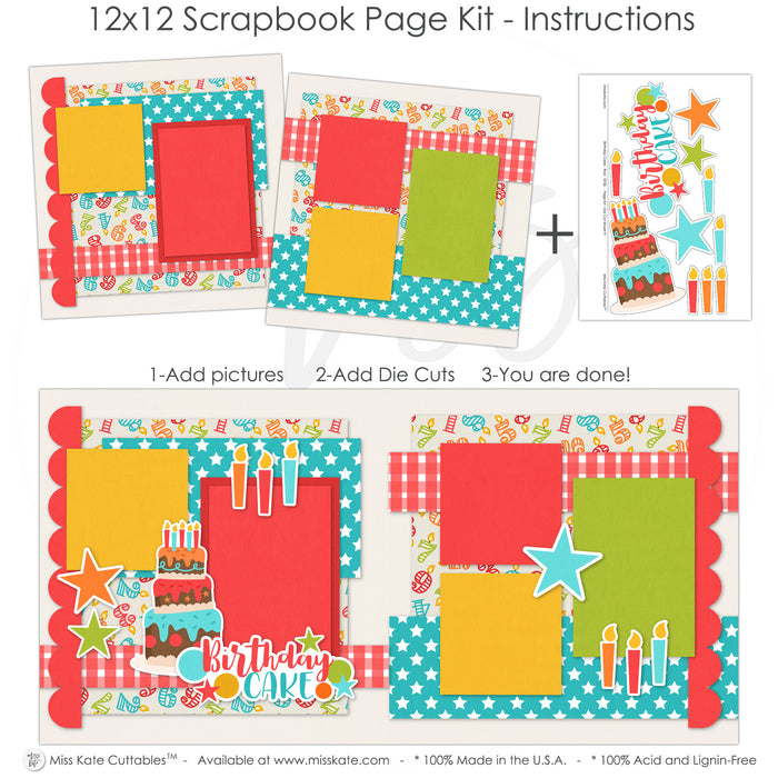 Finished Birthday Cake Red photo layout showing layered birthday cake, colorful birthday candles, pink teal and green stars, birthday cake title phrase, bright photo mats, two page celebration layout, cake and candle embellishments, playful birthday party theme. Designed for Colorful Birthday Photo Layout, Birthday Party Memory Keeping Kit, pink teal green and yellow palette, birthday cake patterned paper, white polka dot papers, scalloped pink borders.