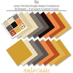 Boo Cardstock, papers spread out image, showing 12x12 printed smooth cardstock for scrapbook page bases, photo mats, card making, die cutting, titles, borders, and layered paper projects. Buyer theme: Halloween Orange Black & Cream Printed Cardstock. Boo Printed Smooth Cardstock in nine coordinating cream, taupe, charcoal, black, orange and gold linen-look colors for Halloween paper crafting