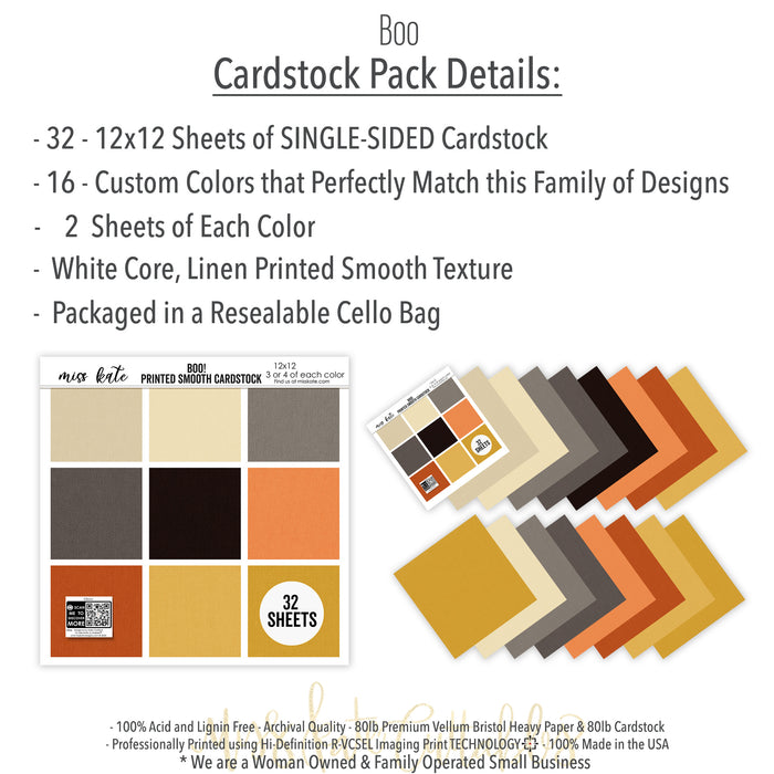 Boo Cardstock, includes image, showing 12x12 printed smooth cardstock for scrapbook page bases, photo mats, card making, die cutting, titles, borders, and layered paper projects. Buyer theme: Halloween Orange Black & Cream Printed Cardstock. Boo Printed Smooth Cardstock in nine coordinating cream, taupe, charcoal, black, orange and gold linen-look colors for Halloween paper crafting. Scrapbook cardstock, card making cardstock, photo mat paper, die-cutting paper, and coordinated album colors