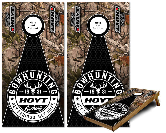 Bow Hunting Logo triangle theme with camo cornhole wraps