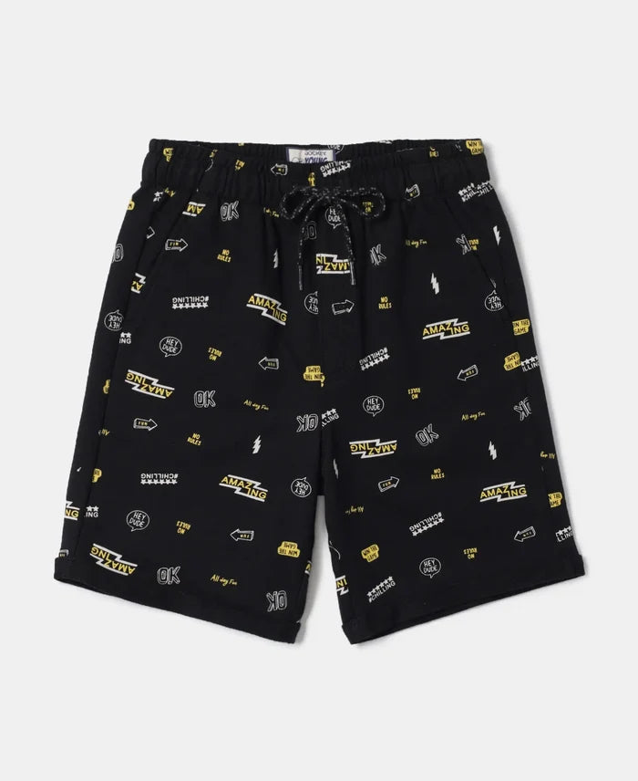 Super Combed Cotton French Terry Printed Shorts with Turn Up Hem Styling - Black Printed-1