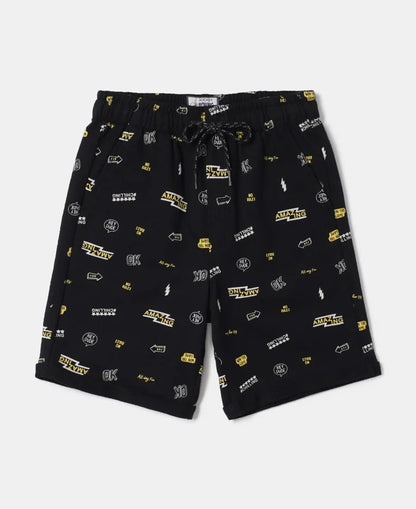 Super Combed Cotton French Terry Printed Shorts with Turn Up Hem Styling - Black-1