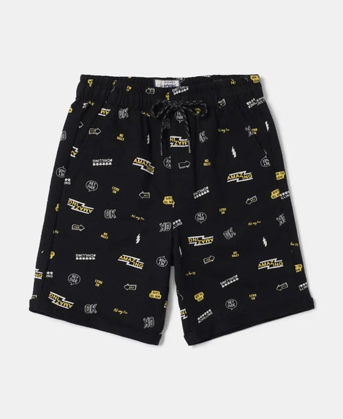 Super Combed Cotton French Terry Printed Shorts with Turn Up Hem Styling - Black-1