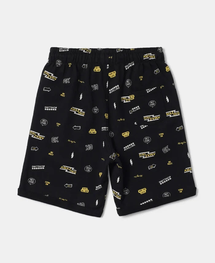 Super Combed Cotton French Terry Printed Shorts with Turn Up Hem Styling - Black-2