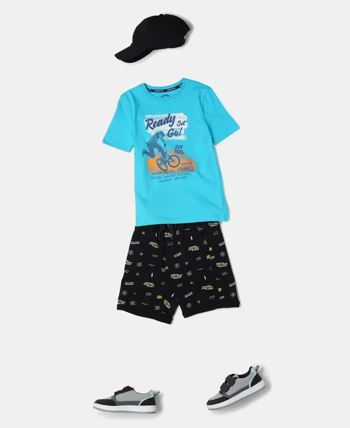 Super Combed Cotton French Terry Printed Shorts with Turn Up Hem Styling - Black-5