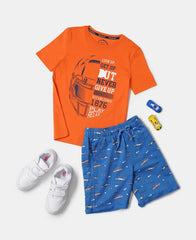 Super Combed Cotton French Terry Printed Shorts with Turn Up Hem Styling - Palace Blue Printed-5