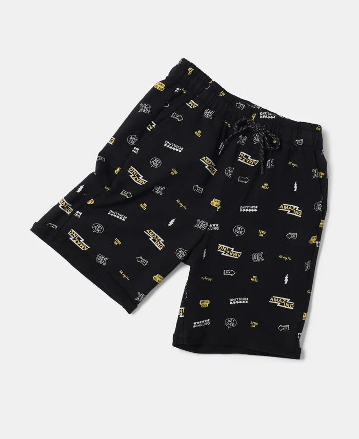 Super Combed Cotton French Terry Printed Shorts with Turn Up Hem Styling - Black-6