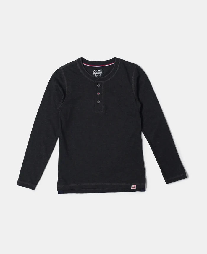 Super Combed Cotton Rich Graphic Printed Full Sleeve Henley T-Shirt - Black Melange-1