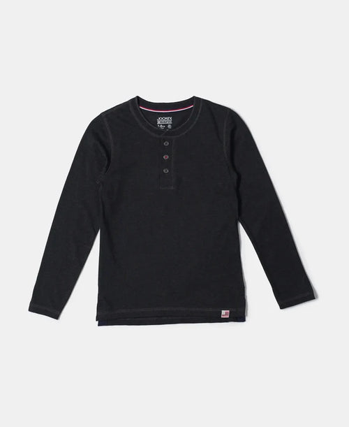 Super Combed Cotton Rich Graphic Printed Full Sleeve Henley T-Shirt - Black Melange-1