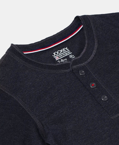 Super Combed Cotton Rich Graphic Printed Full Sleeve Henley T-Shirt - Black Melange-3