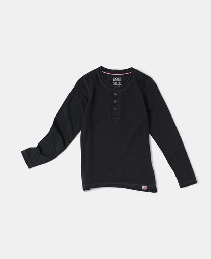 Super Combed Cotton Rich Graphic Printed Full Sleeve Henley T-Shirt - Black Melange-5