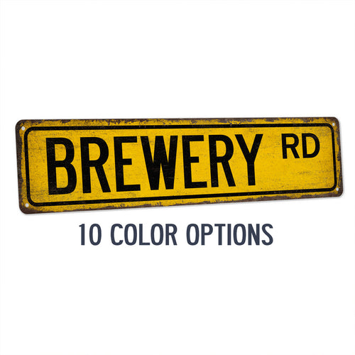 Brewery street sign in vintage rustic metal, craft beer home bar and pub decor for a man cave lounge