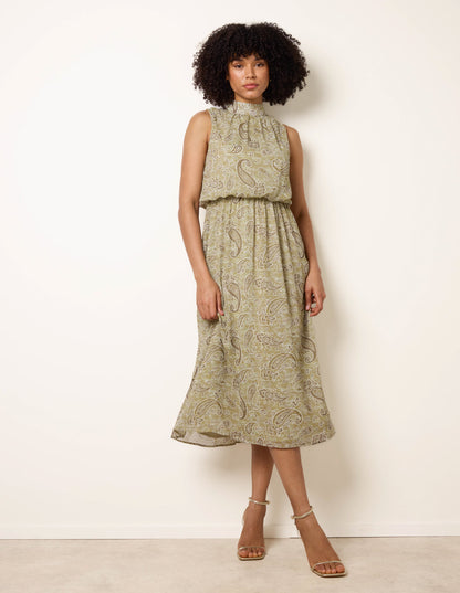 Paisley Print Rhinestone High Neck Midi Dress