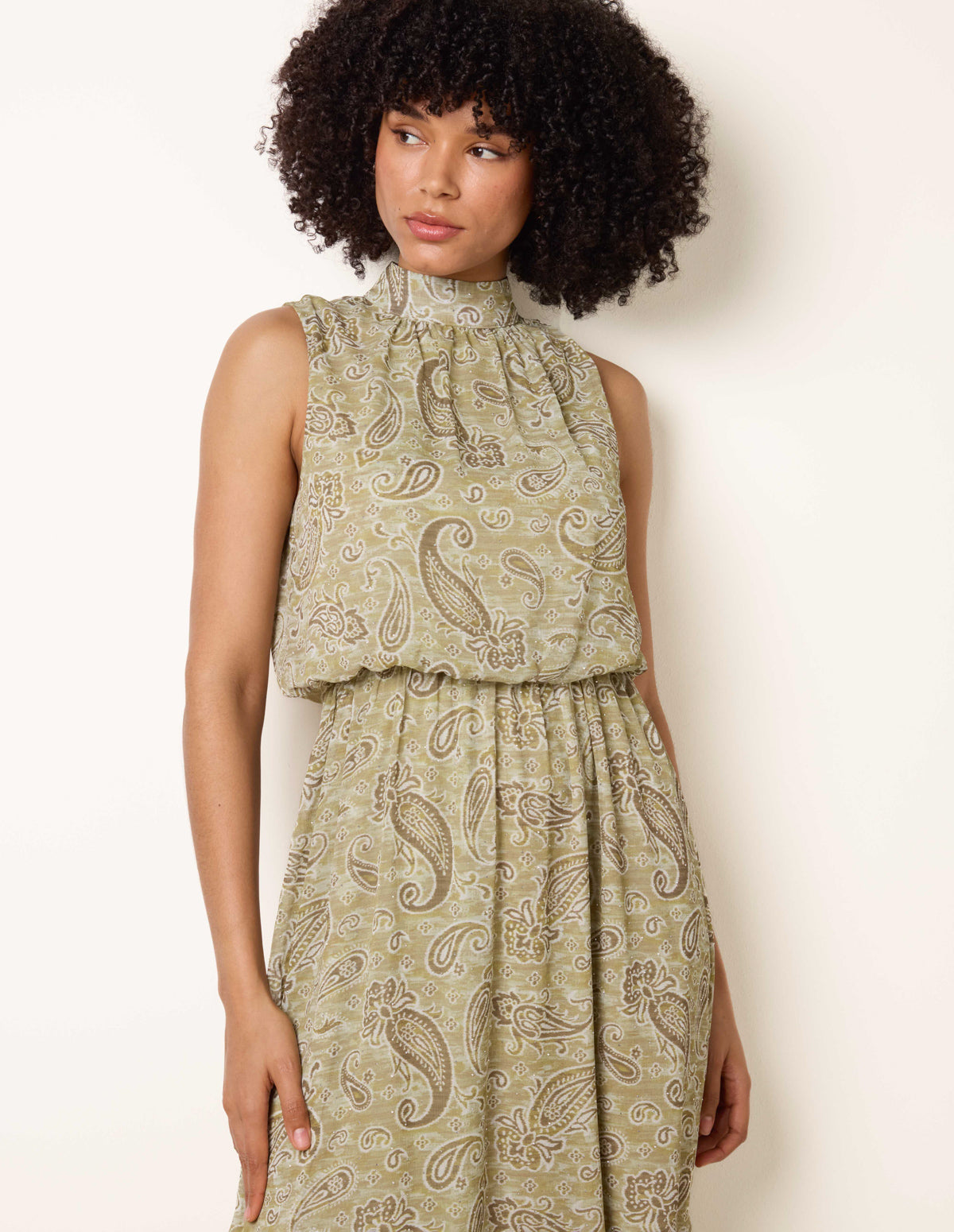 Paisley Print Rhinestone High Neck Midi Dress