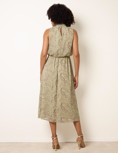 Paisley Print Rhinestone High Neck Midi Dress