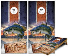 Catch and Release Bass Fish jumping over sign cornhole wraps