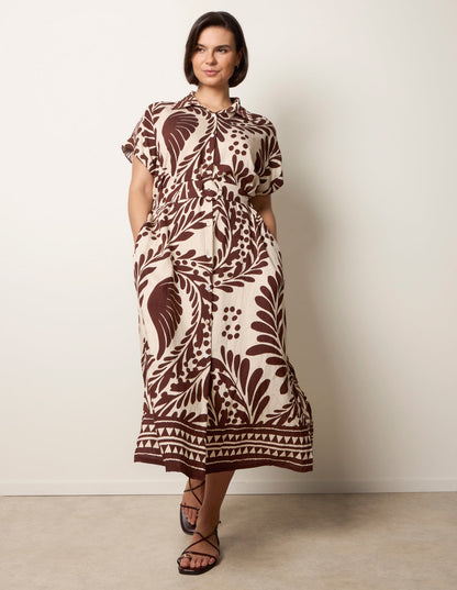 Tropical Leaf Print Belted Shirt Dress