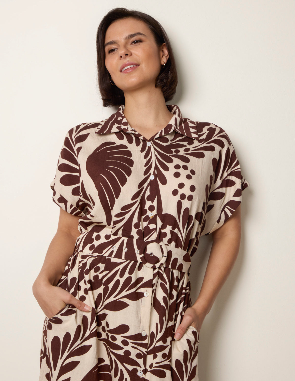 Tropical Leaf Print Belted Shirt Dress