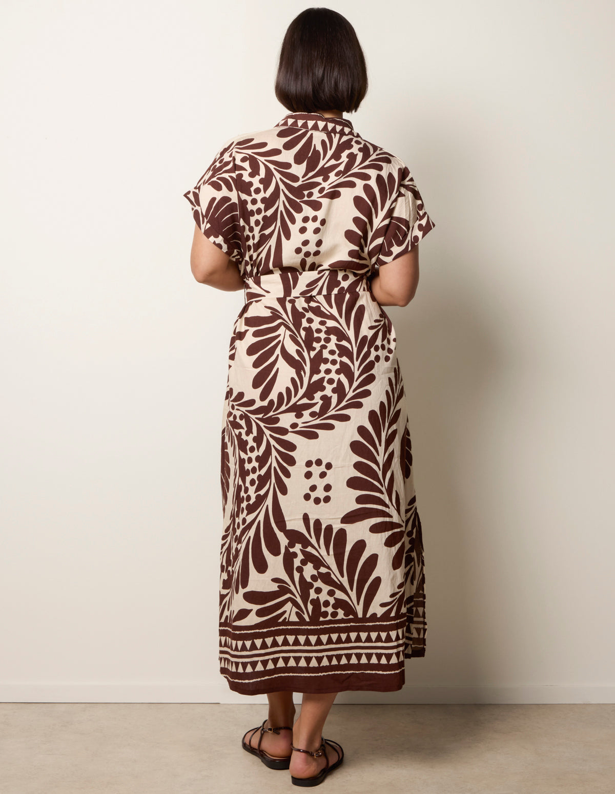 Tropical Leaf Print Belted Shirt Dress