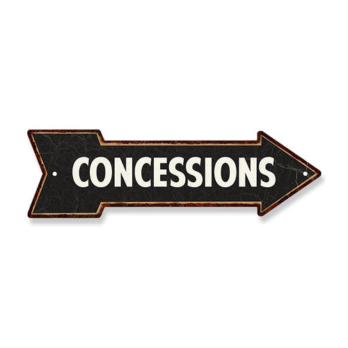 Vintage distressed Concessions right-arrow metal sign for snack bar and game room wall decor