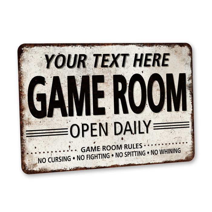 Custom vintage game room metal sign with darts, poker and board games for a family room