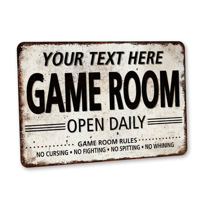Custom vintage game room metal sign with darts, poker and board games for a family room