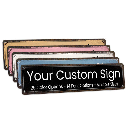 Custom long rustic metal sign personalized with name or logo, slim horizontal design for offices, bars, and workshops