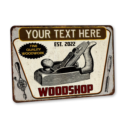 Custom vintage woodshop metal sign for a woodworker's garage, workshop or man cave