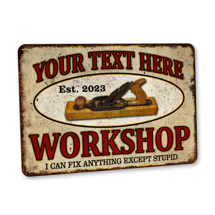 Custom vintage workshop metal sign with carpentry theme, a garage gift for dad