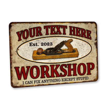 Custom vintage workshop metal sign with carpentry theme, a garage gift for dad