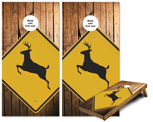 Deer Crossing Sign rustic wood background cornhole wraps