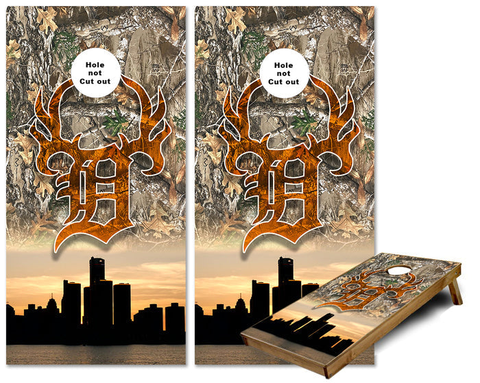 Detroit Buck Club Detroit City Skyline Camo Sky cornhole wraps
