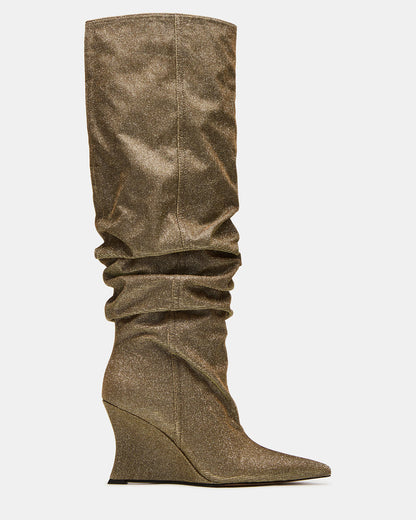 DISTORTION Gold Glitter Pointed-Toe Scrunched Knee-High Wedge Women's Boot | Steve Madden