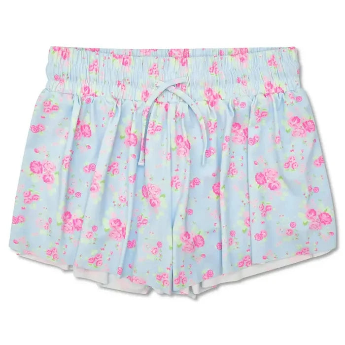 Light blue butterfly shorts with pink floral print for girls