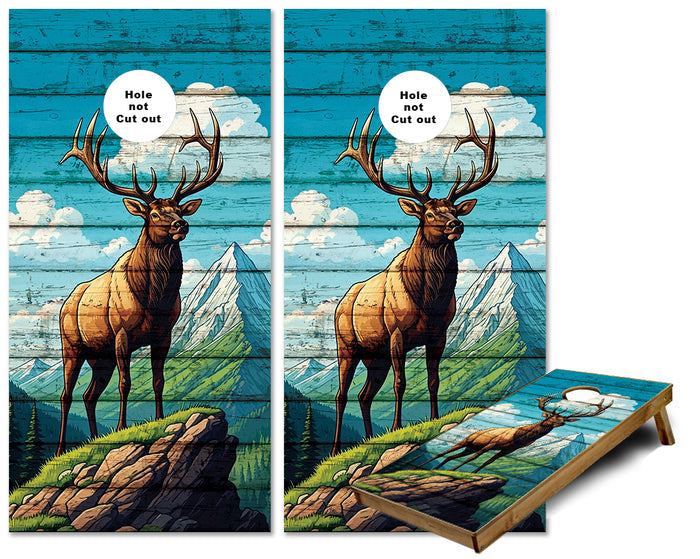 Elk Standing on Rock Mountain view weathered wood cornhole wraps