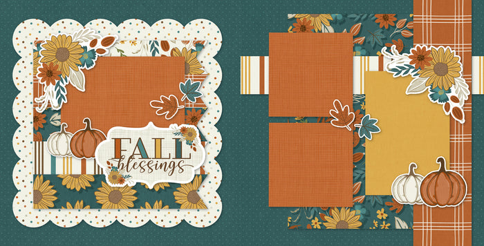 Two-page Fall Blessings 12x12 scrapbook layout featuring deep teal dotted background, rust plaid pattern, cream multicolor polka dots, mustard striped paper, teal floral pattern, and large yellow sunflowers. Designed for autumn memories and favorite photos.