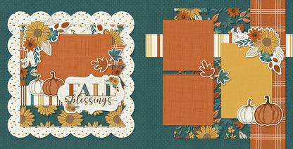 Two-page Fall Blessings 12x12 scrapbook layout featuring deep teal dotted background, rust plaid pattern, cream multicolor polka dots, mustard striped paper, teal floral pattern, and large yellow sunflowers. Designed for autumn memories and favorite photos.