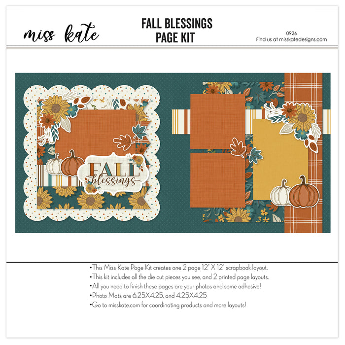 Fall Blessings 12x12 scrapbook page kit cover featuring cream multicolor polka dots, mustard striped paper, teal floral pattern, large yellow sunflowers, rust orange flowers, and cream pumpkins. A coordinated premade layout for autumn memories and favorite photos.