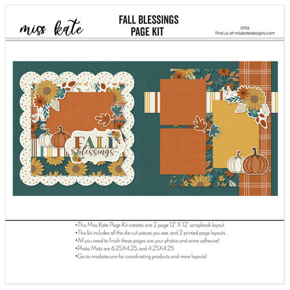 Fall Blessings 12x12 scrapbook page kit cover featuring cream multicolor polka dots, mustard striped paper, teal floral pattern, large yellow sunflowers, rust orange flowers, and cream pumpkins. A coordinated premade layout for autumn memories and favorite photos.