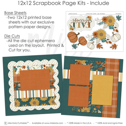 Fall Blessings scrapbook page kit includes two coordinated 12x12 printed base sheets with matching die cuts and embellishments. Designed for autumn memories and favorite photos.
