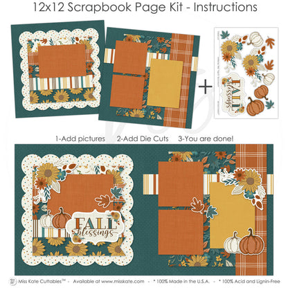 Fall Blessings 12x12 scrapbook page kit instruction image showing the completed two-page layout and placement of coordinating papers, die cuts, and photo areas. Designed for autumn memories and favorite photos.