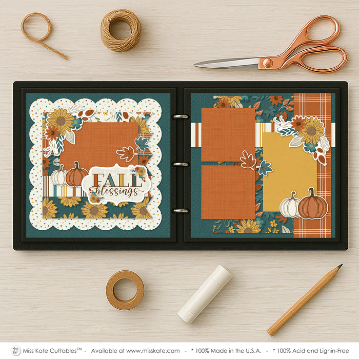 Fall Blessings scrapbook page kit shown in a memory album binder mockup with the finished two-page layout. A coordinated way to preserve autumn memories and favorite photos.