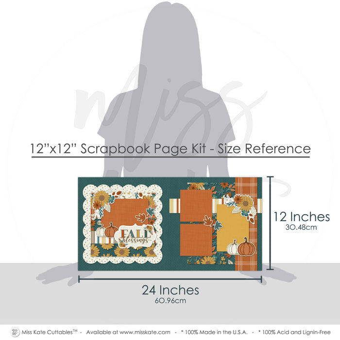 Fall Blessings 12x12 scrapbook page kit size reference image showing the scale of the coordinated two-page layout, printed papers, and embellishments for autumn memories and favorite photos.